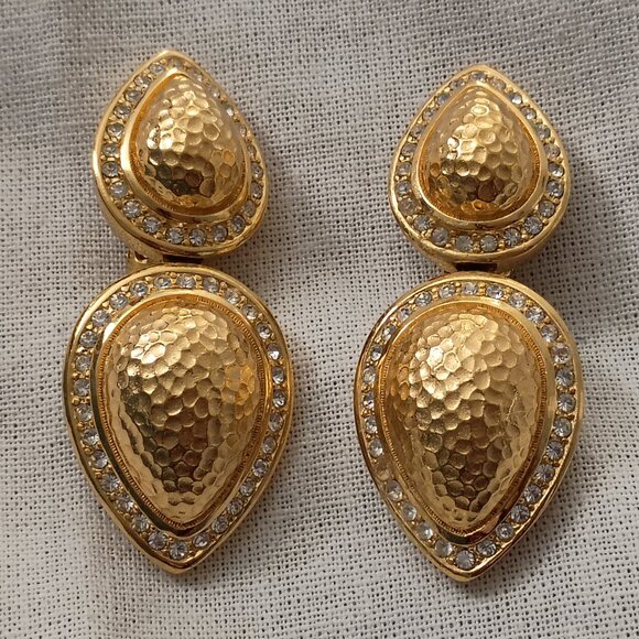 ❤️CHRISTIAN DIOR Gold Domed and Crystal 2 Pc Dangle Earrings - Picture 1 of 5